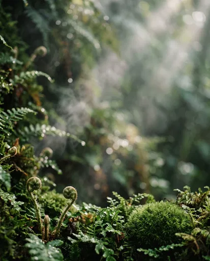 Macro Fern Crosiers and Moss in Mist