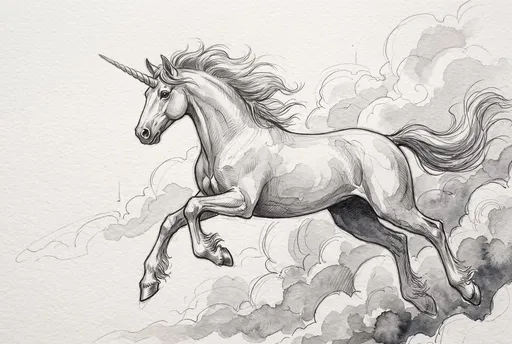 Monochrome Watercolor Drawing of Leaping Unicorn