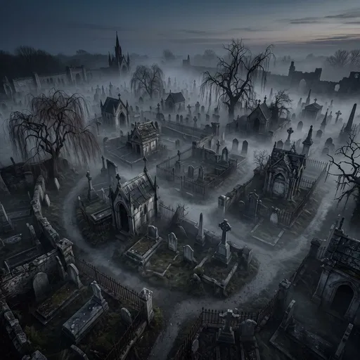 Aerial View of Misty Gothic Graveyard