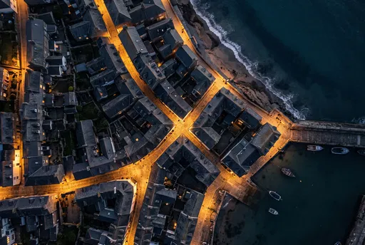 Aerial View of Coastal Village at Night