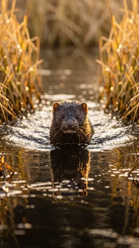 Wet Mink Swimming in Golden Reeds