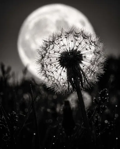 Monochrome Dandelion Silhouette Against Full Moon
