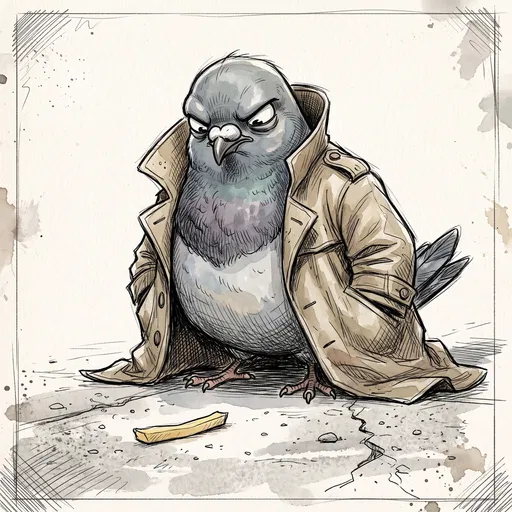 Grumpy Detective Pigeon Staring at Fry