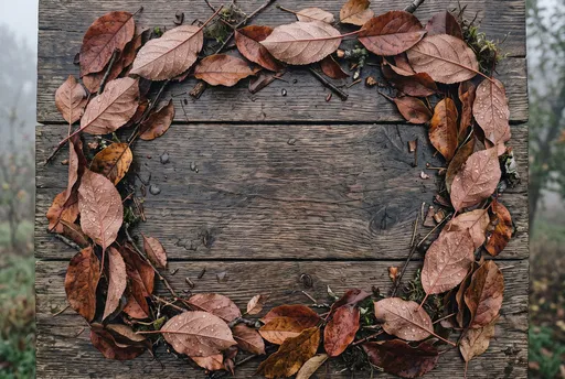 Autumn Leaf Border on Wet Wood
