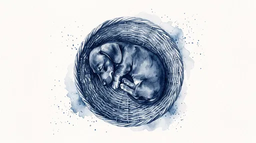 Indigo Watercolor Sleeping Dachshund Puppy in Basket