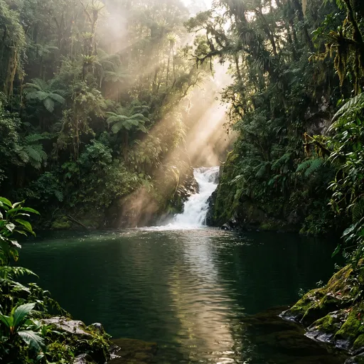 Sunlit Tropical Jungle Waterfall and Lagoon