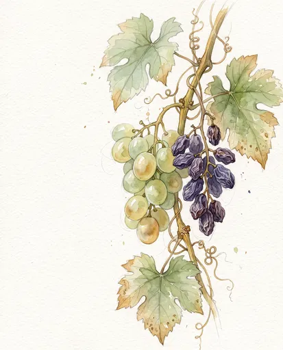 Botanical Watercolor of Grapes and Raisins