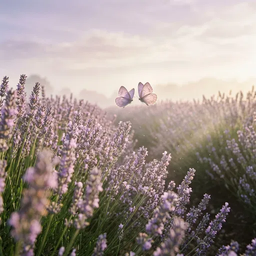 Two Purple Butterflies Above Misty Lavender Field