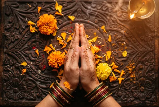 Hands Clasped in Prayer Over Marigolds