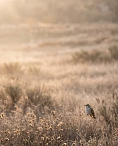 Hummingbird Perched in Golden Meadow