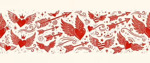Retro Red Linocut Winged Hearts Banner