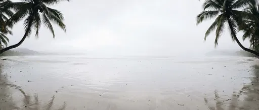 Misty Tropical Beach Framed by Palms