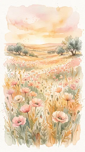 Pastel Watercolor Poppy Meadow Landscape