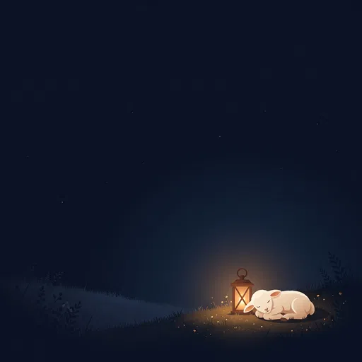 Sleeping Lamb Beside Glowing Lantern at Night
