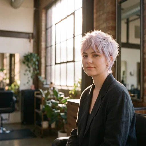 Woman With Lavender Pixie Cut in Salon