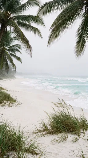 Misty Tropical Beach With Palm Fronds