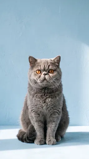 Grey Exotic Shorthair Cat on Blue Background
