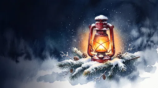 Watercolor Glowing Red Lantern in Snow