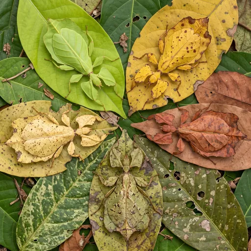 Five Camouflaged Leaf Insects in Circle