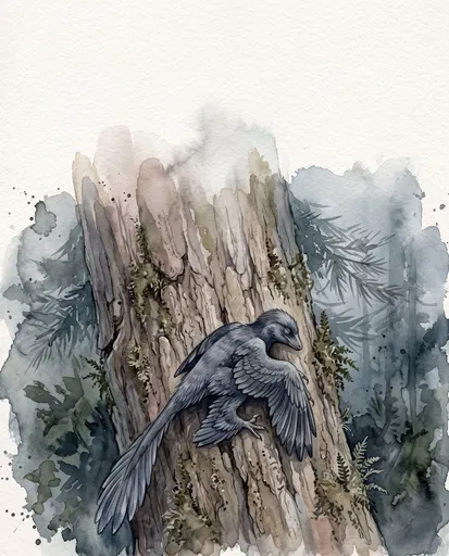 Watercolor Microraptor on Tree Trunk