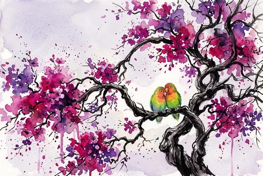 Watercolor Lovebirds on Blooming Cherry Branch