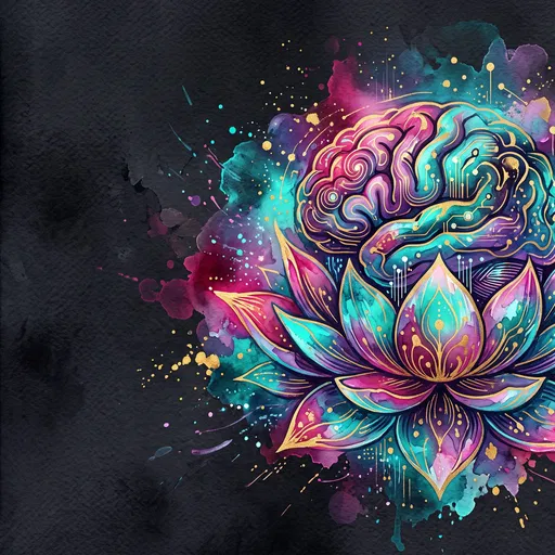 Watercolor Cybernetic Brain and Lotus Illustration