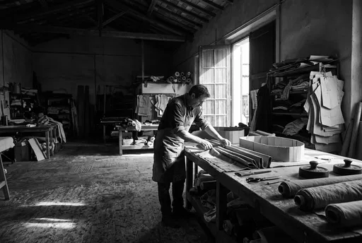 Artisan Folding Fabric in Sunlit Workshop
