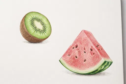 Colored Pencil Kiwi and Watermelon Drawing