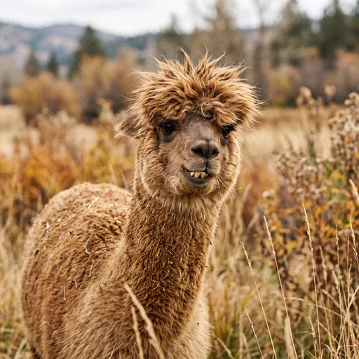 Fluffy Brown Alpaca Grinning in Autumn Field