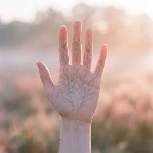 Backlit Hand With Cybersigilism Palm Tattoos