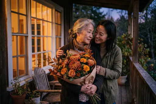 Mother and Daughter Embracing With Bouquet
