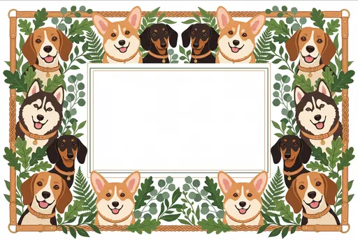 Symmetrical Dog Breeds and Foliage Border Frame