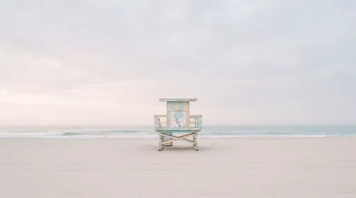 Minimalist Pastel Lifeguard Stand on Empty Beach