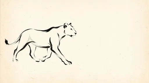 Minimalist Ink Brush Drawing of Striding Lioness