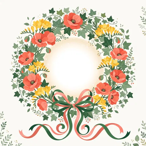 Coral Poppy and Ivy Floral Wreath