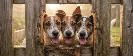 Three Muddy Dogs Peeking Through Fence