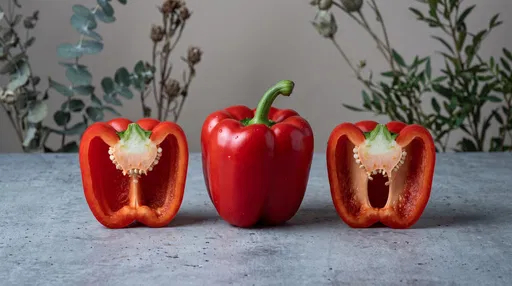 Whole and Halved Red Bell Peppers