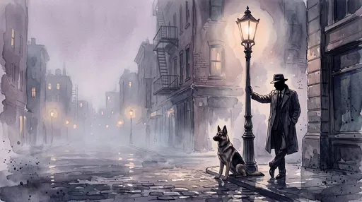 Noir Detective and Dog by Streetlamp