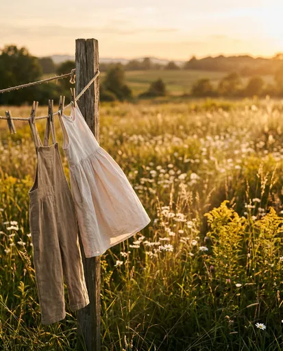 Kids Linen Clothes on Meadow Clothesline