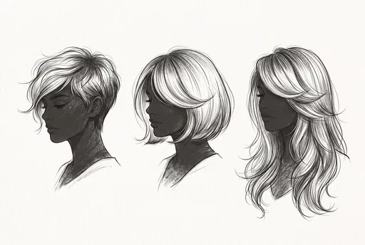 Three Monochrome Side-Swept Fringe Hairstyle Illustrations