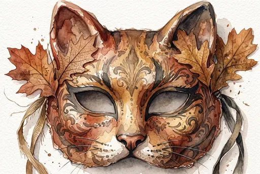 Watercolor Autumn Cat Masquerade Mask Illustration