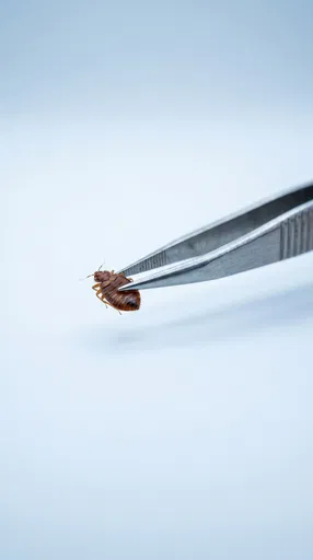 Tweezers Holding Bed Bug on White