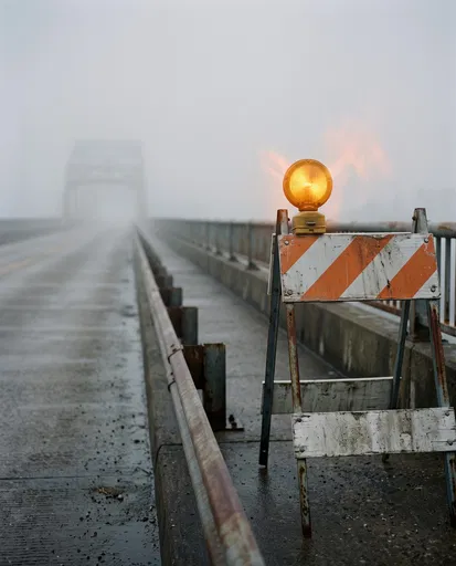 Hazard Barricade on Foggy Bridge