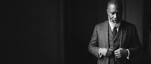 Monochrome Portrait of Man in Pinstripe Suit