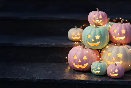 Glowing Pastel Halloween Pumpkins on Dark Steps