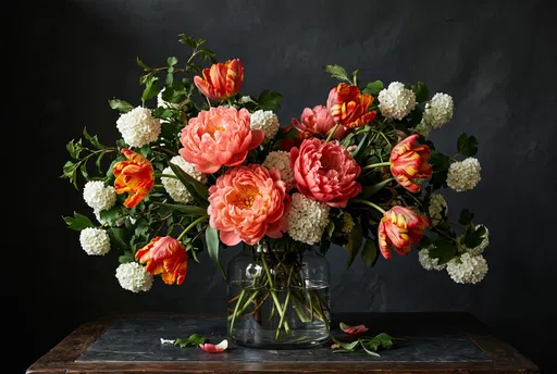 Coral Peonies and Tulips in Glass Vase