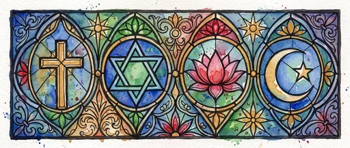 Watercolor Stained Glass Interfaith Religious Symbols