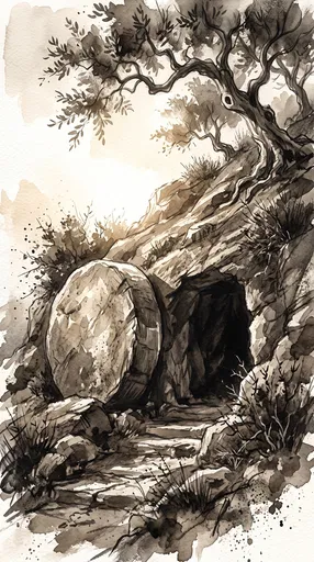 Sepia Watercolor Illustration of Empty Tomb