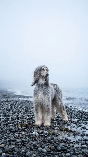 Afghan Hound on Misty Pebble Beach