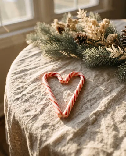Candy Cane Heart on Linen Tablecloth